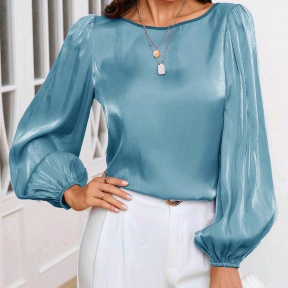 Luxe Satin Sheer Lantern Sleeve Satin Shirt Top Blouse - Picture 1 of 6